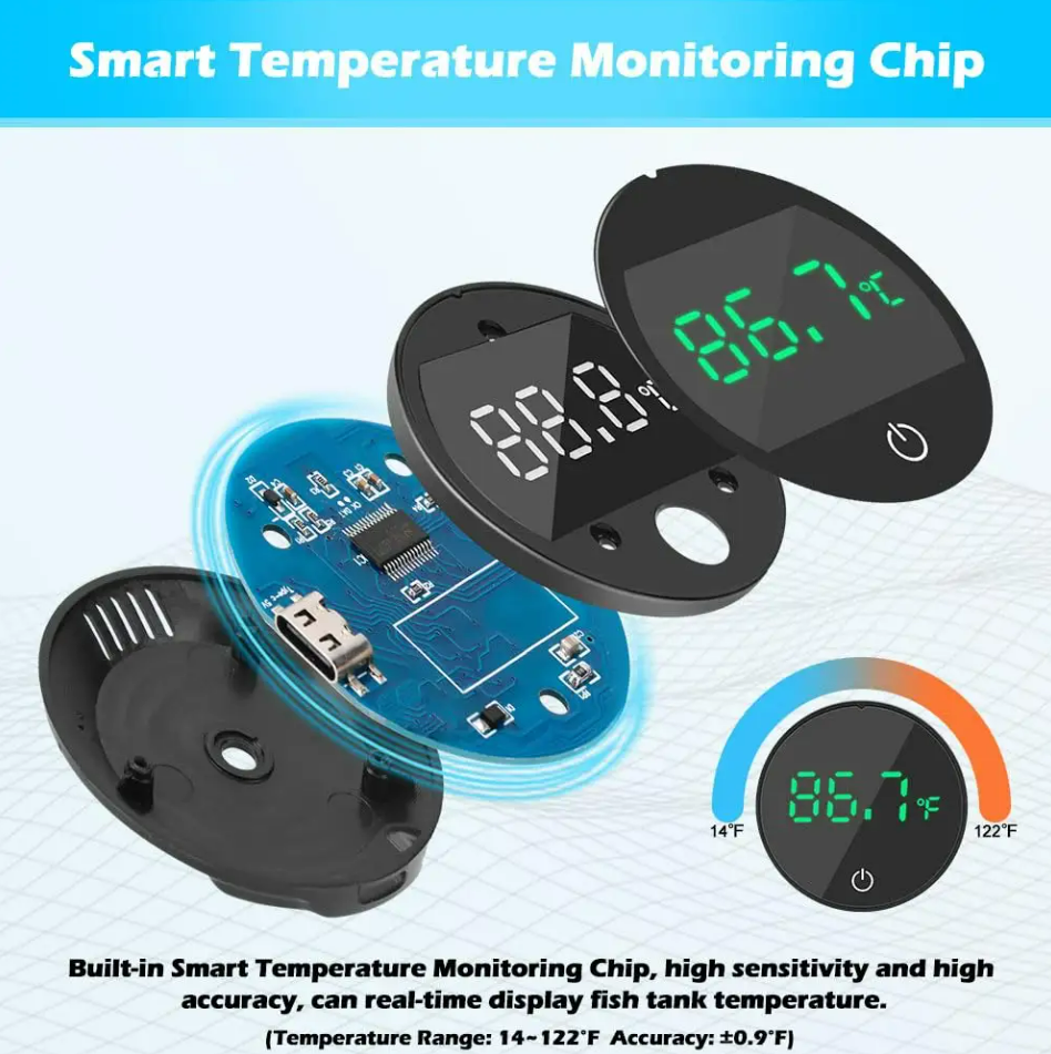 Aquarium Digital Black Thermometer Stick on LED - Rechargeable USB-C