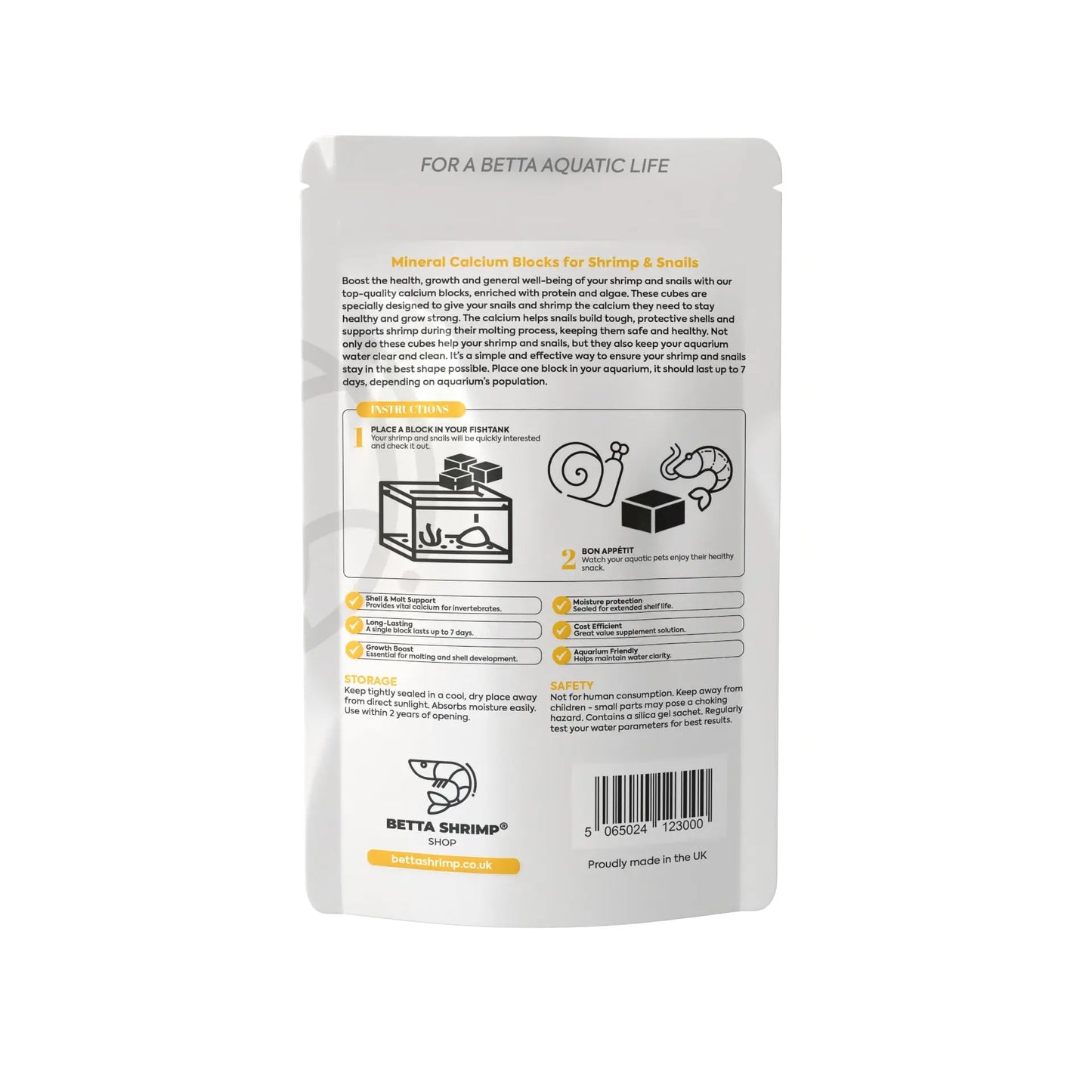 BSS™ Calcium BSS Blocks Mineral Food for Shrimp & Snail packaging with nutritional information and usage instructions.